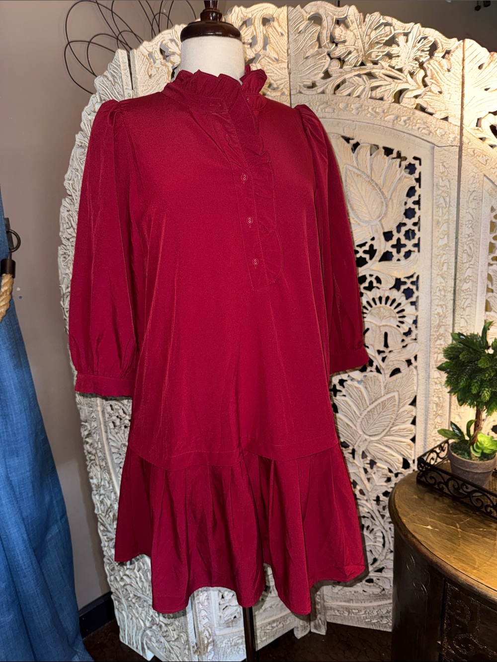 Women’s Ruffle Neck Burgundy Dress with Side Pockets